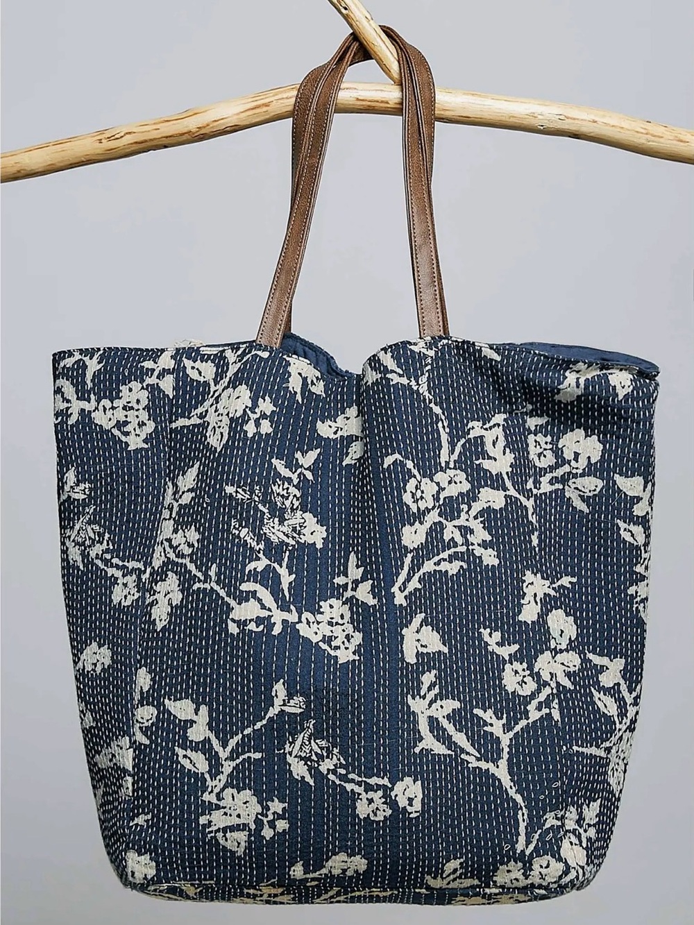 POL denim floral fringe quilted patchwork cotton embroidered love boho tote bag - Picture 3 of 5